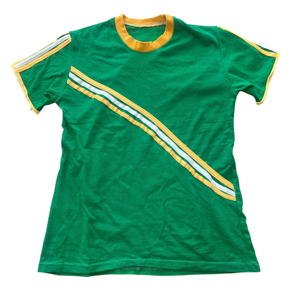 Vintage 70s 80s Ringer T Shirt Yellow White Diagonal Stripe Retro Green Small